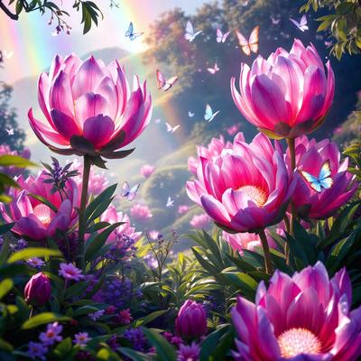 The primary subject of the image is a field of flowers, with a focus on pink flowers. The setting is a lush, green garden with a variety of flowers, including a field of pink flowers. The visual style is a combination of photo and digital art, creating a vibrant and colorful scene. The dominant colors are pink and purple, giving the image a warm and inviting atmosphere.